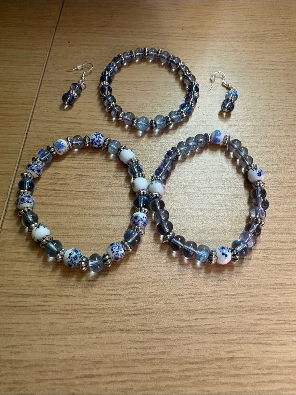 Blue Glass & Porcelain Bead Bracelet Set with Earrings
